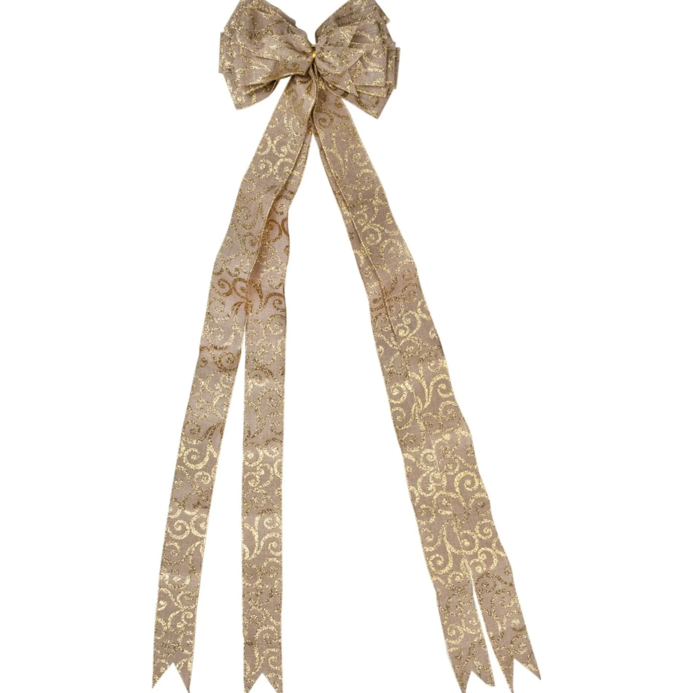 48" X 10" Burlap And Gold Scroll 16 Loop Christmas Bow Decoration