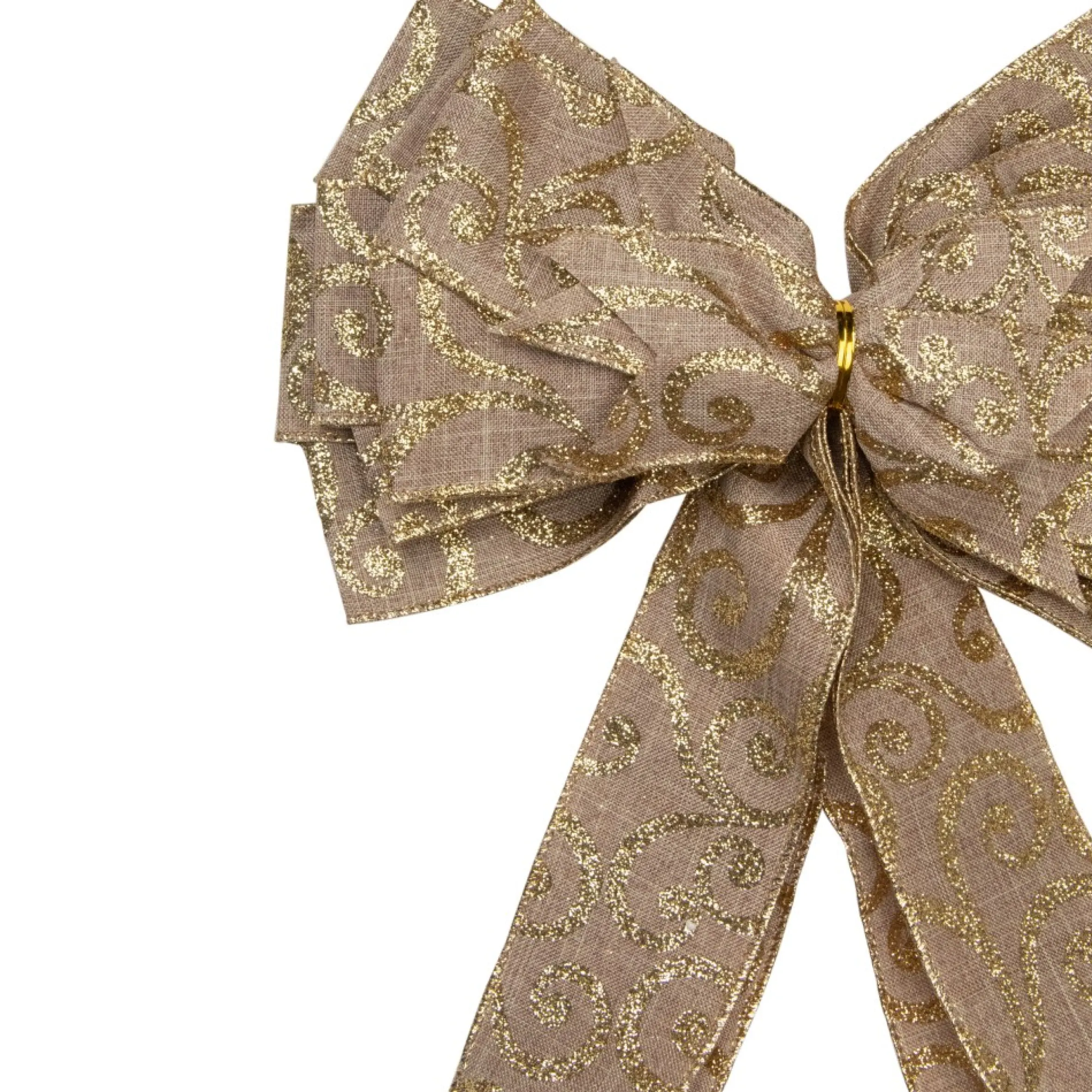 48" X 10" Burlap And Gold Scroll 16 Loop Christmas Bow Decoration