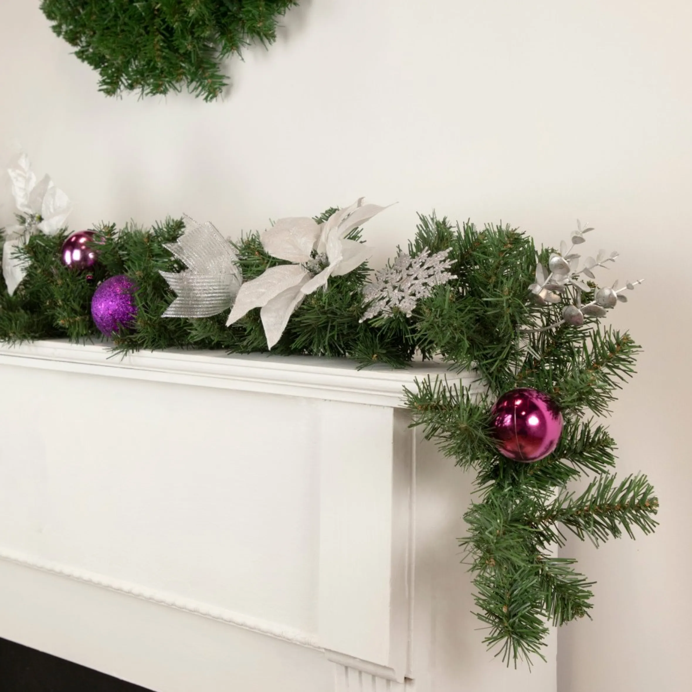 6' X 9" Foliage, Poinsettia And Ornament Artificial Christmas Garland, Unlit