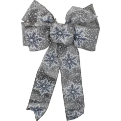14" X 9" Gray And White Snowflake 6 Loop Christmas Bow Decoration
