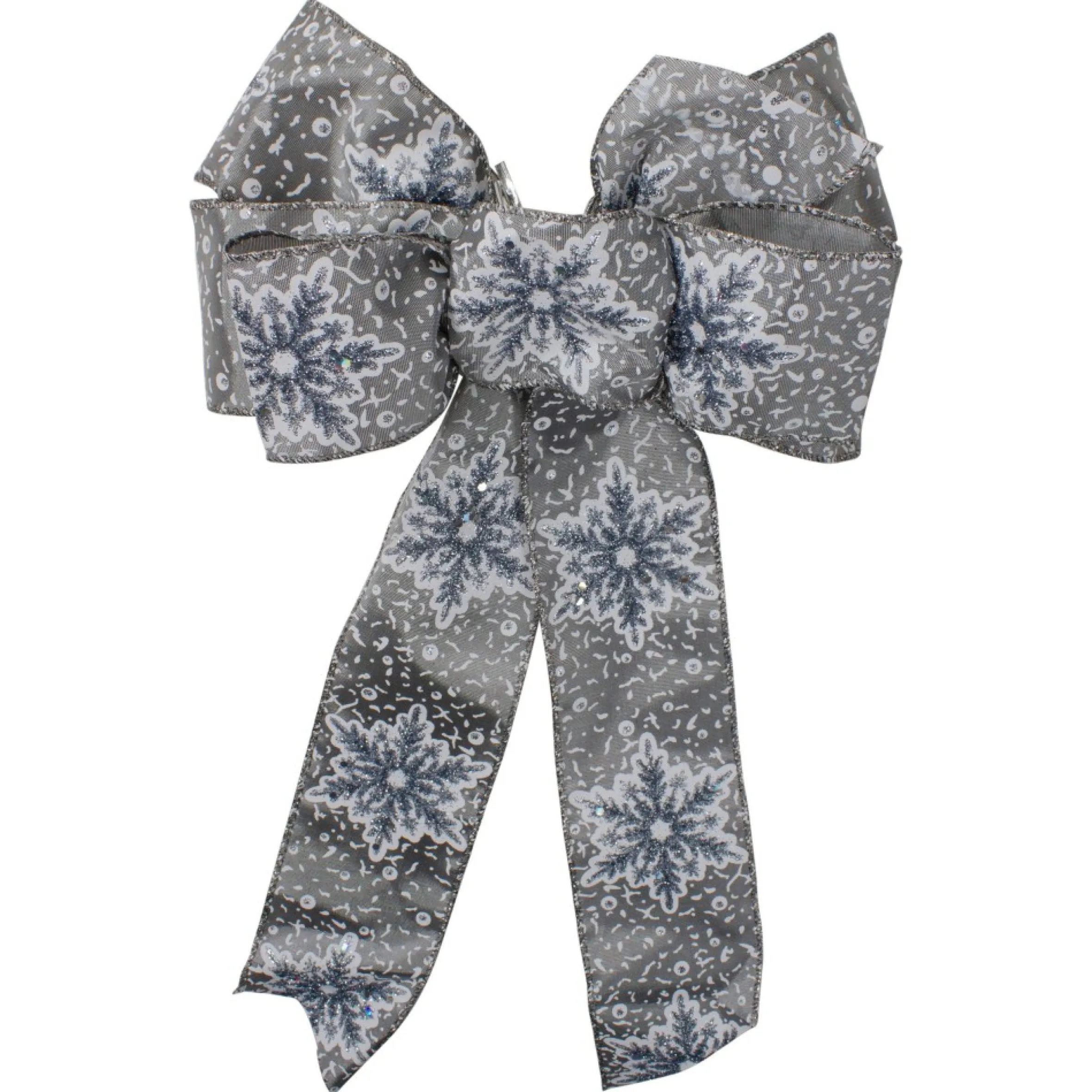 14" X 9" Gray And White Snowflake 6 Loop Christmas Bow Decoration