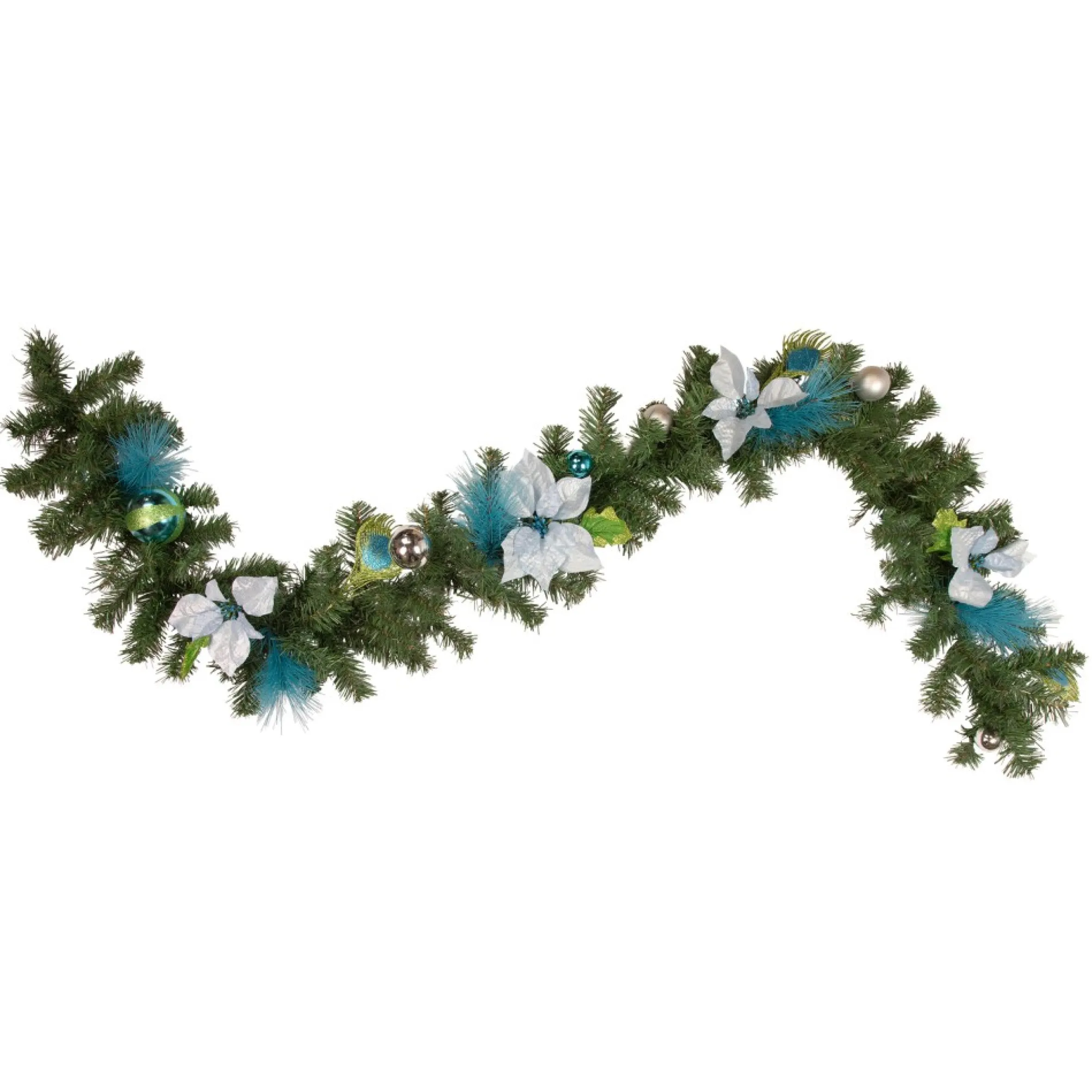 6' X 9" Peacock Feather And Poinsettia Artificial Christmas Garland, Unlit