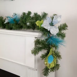6' X 9" Peacock Feather And Poinsettia Artificial Christmas Garland, Unlit