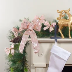 14" X 9" Pink And Gold Snowflake 6 Loop Christmas Bow Decoration