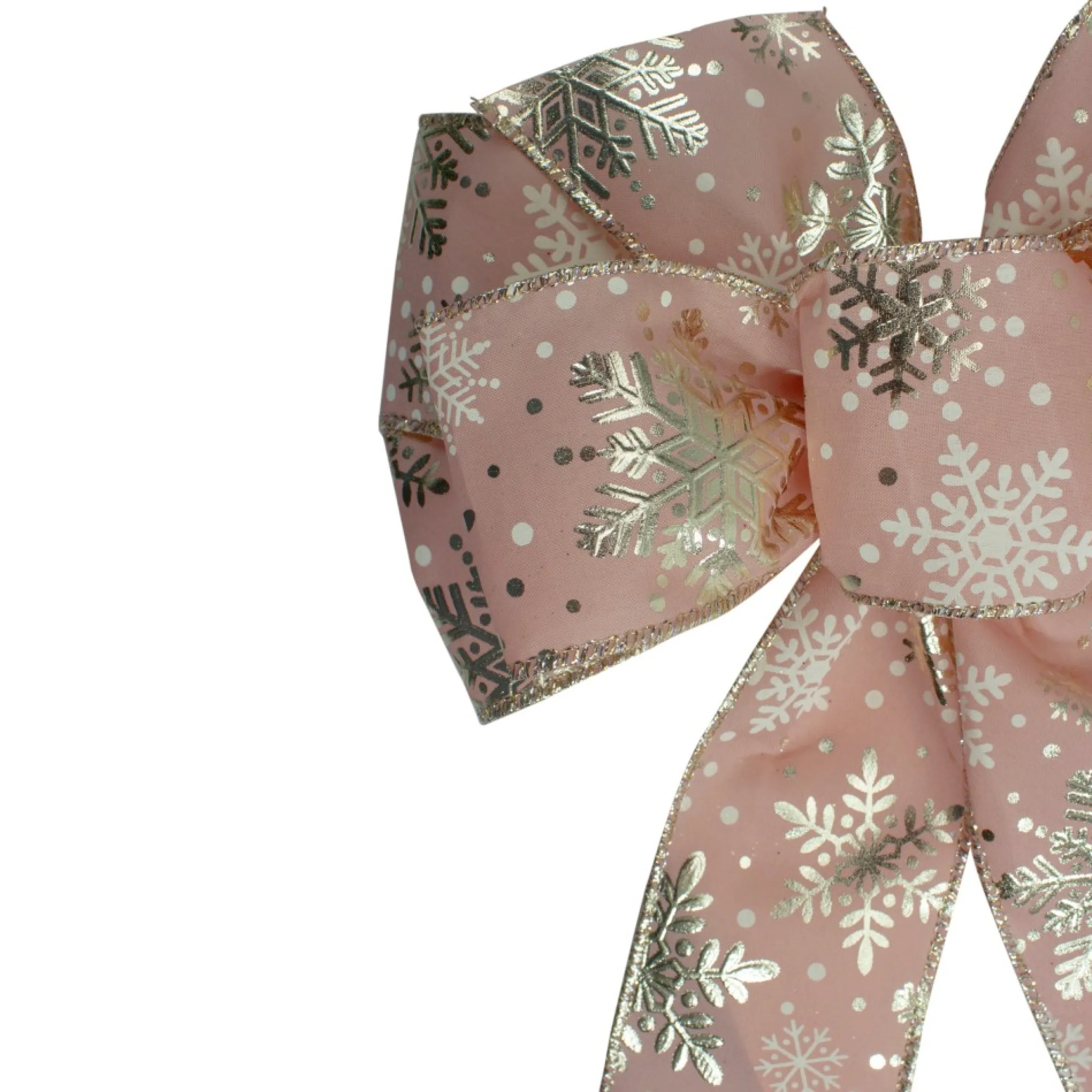 14" X 9" Pink And Gold Snowflake 6 Loop Christmas Bow Decoration