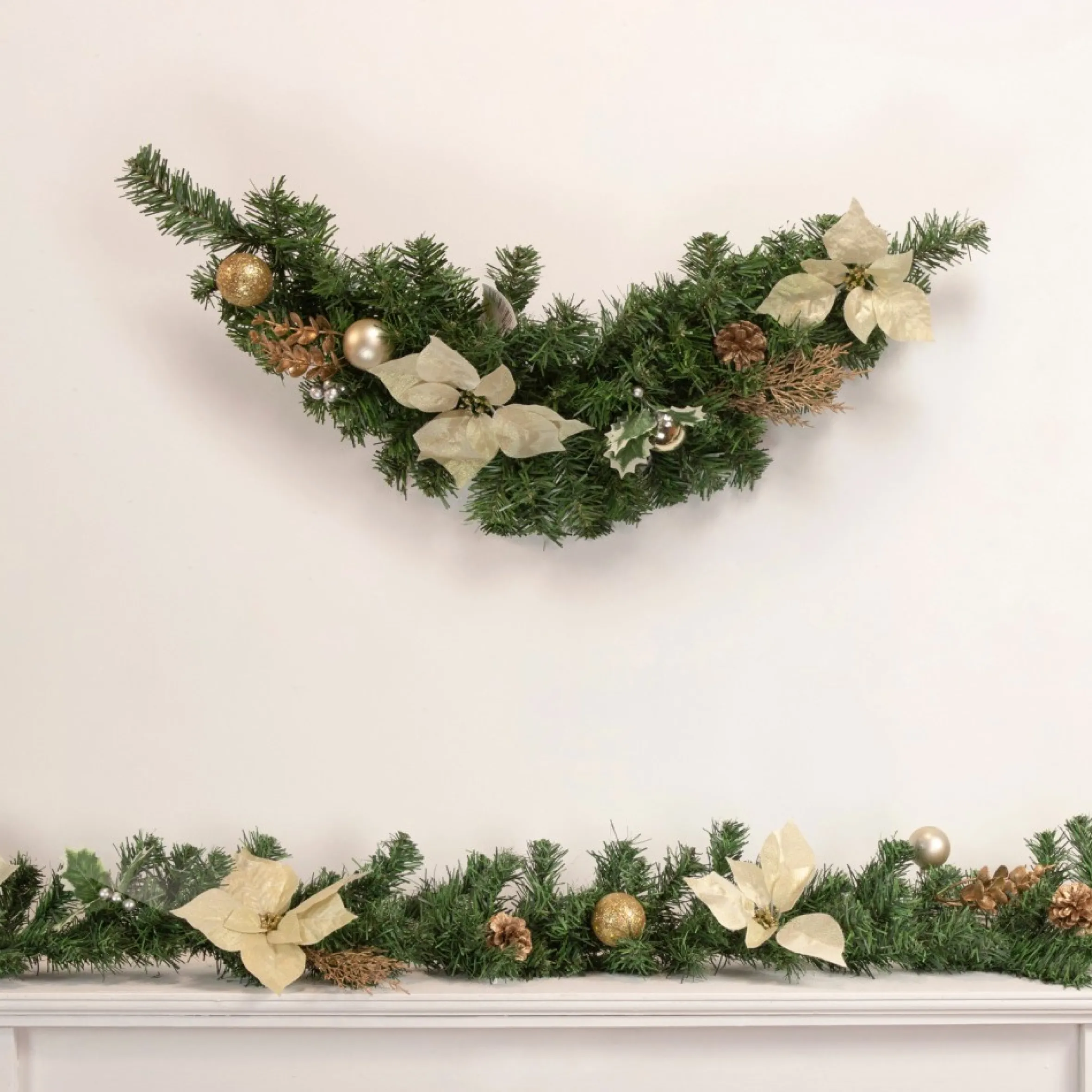 6' X 9" Poinsettia And Pinecone Artificial Christmas Garland, Unlit