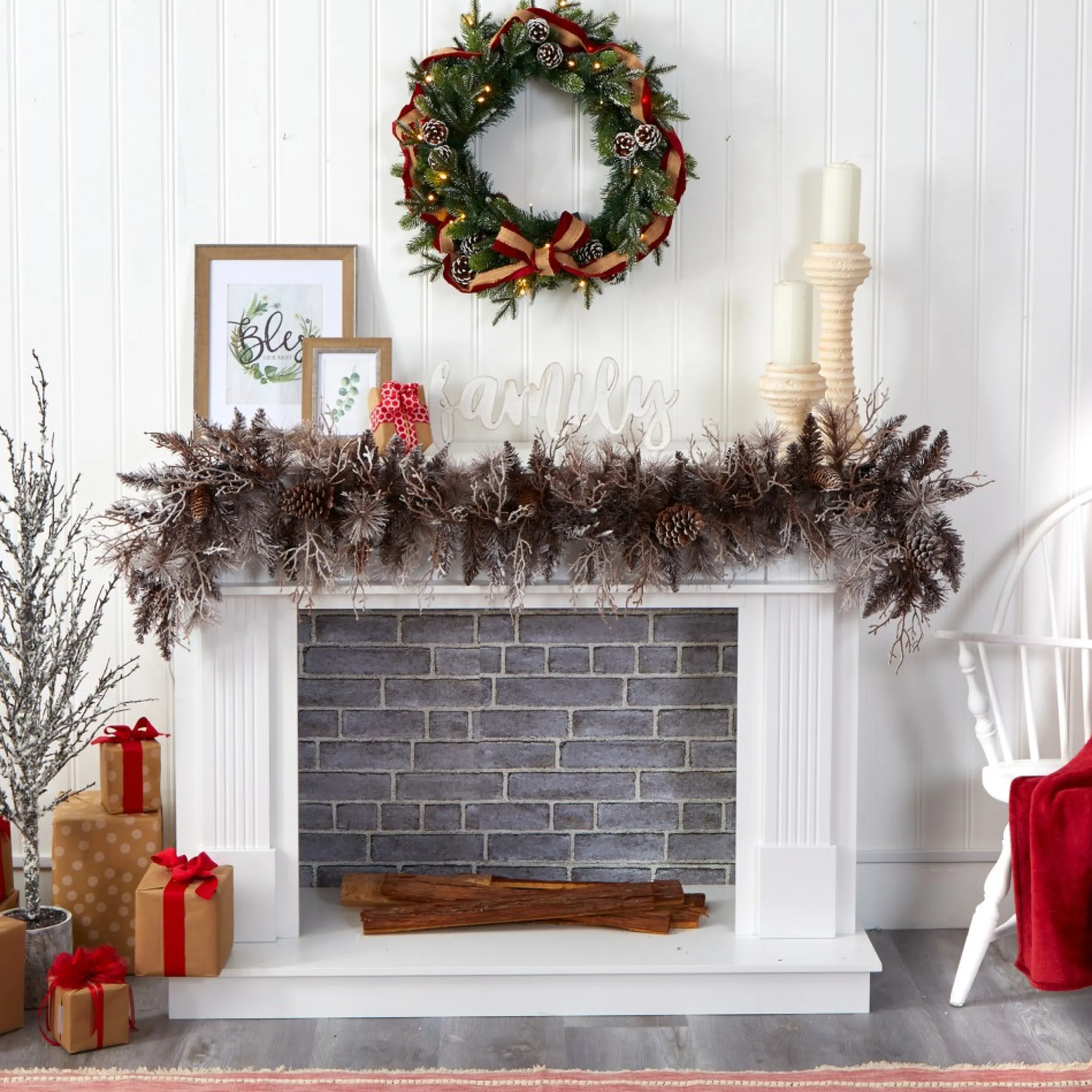 6' X 12" Pre-Lit Flocked Pine Cones Artificial Christmas Garland, Clear Led Lights