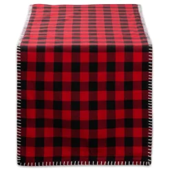 14" X 72" Red And Black Christmas Buffalo Check With Embroidery Table Runner