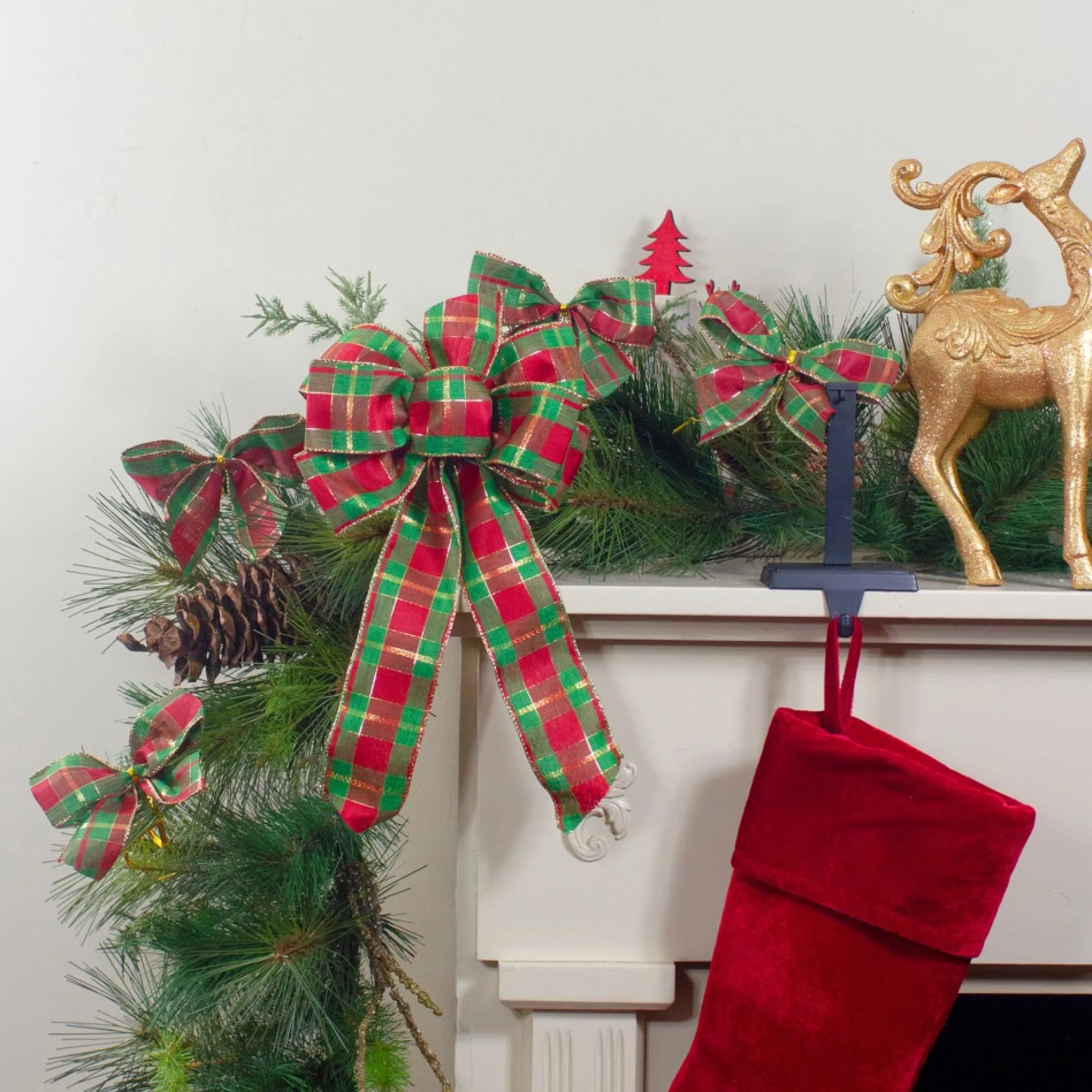 14" X 9" Red And Green Plaid 6 Loop Christmas Bow Decoration