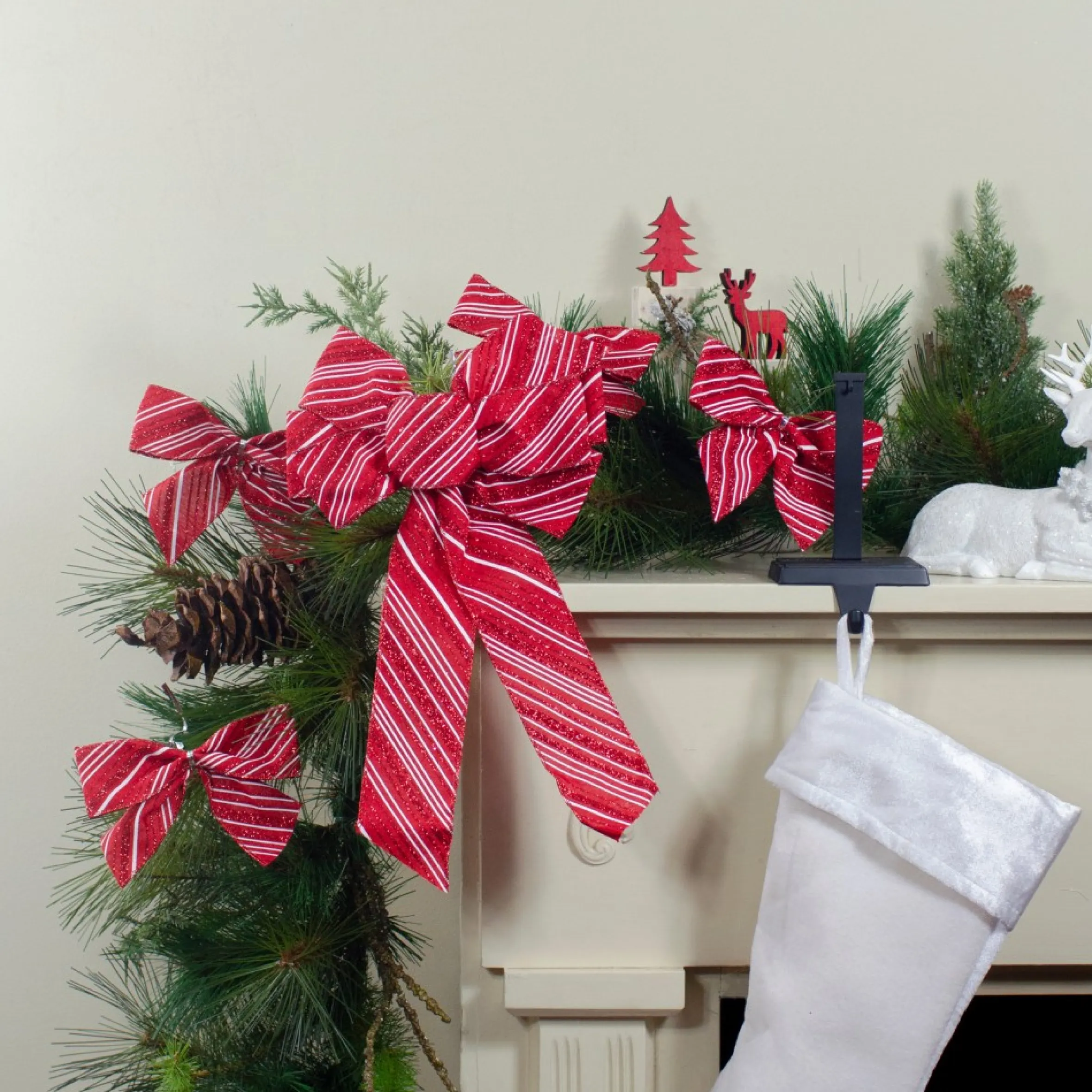 14" X 9" Red And White Striped 6 Loop Christmas Bow Decoration