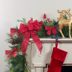 14" X 9" Red Glittered 6 Loop Christmas Bow Decoration