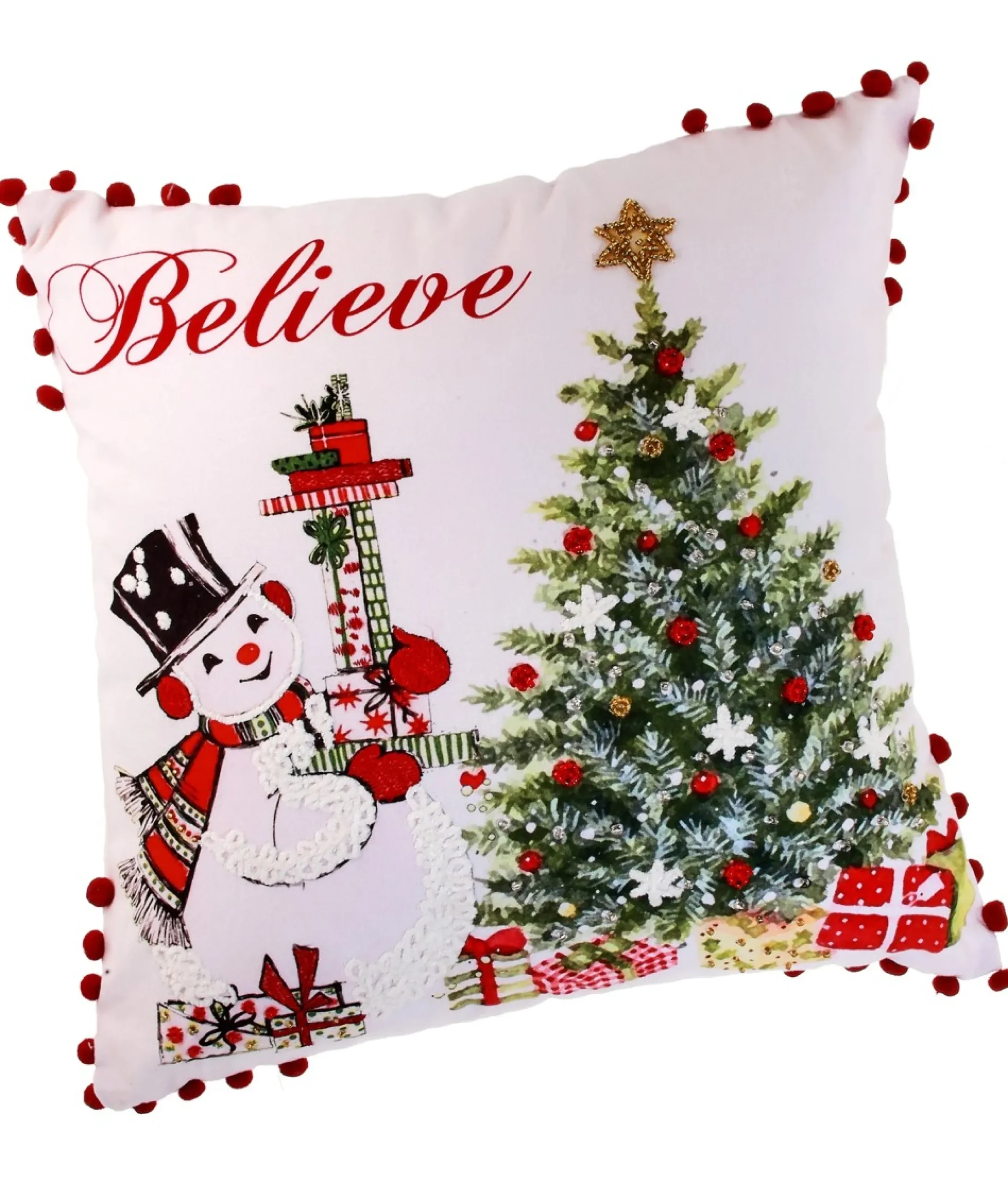 16" X 16" Red, Green, And White Fabric Believe Snowman Christmas Tree Pillow