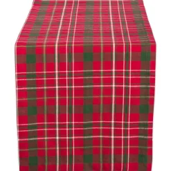 14" X 72" Red, Green And White Rectangular Tartan Holly Plaid Table Runner