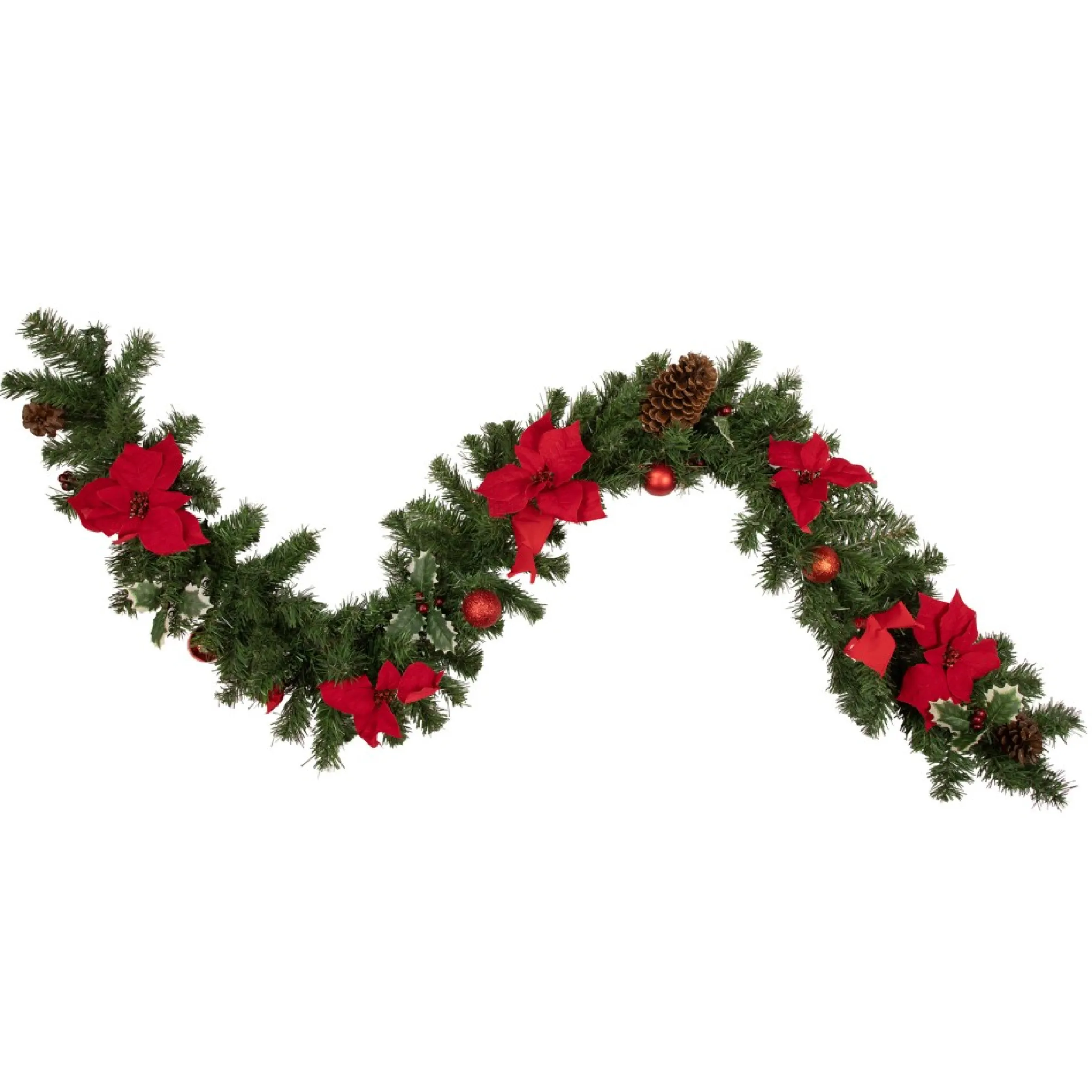 6' X 9" Red Pre-Decorated Poinsettia And Pine Cone Artificial Christmas Garland - Unlit