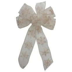 14" X 9" Sheer And Gold Snowflake 6 Loop Christmas Bow Decoration