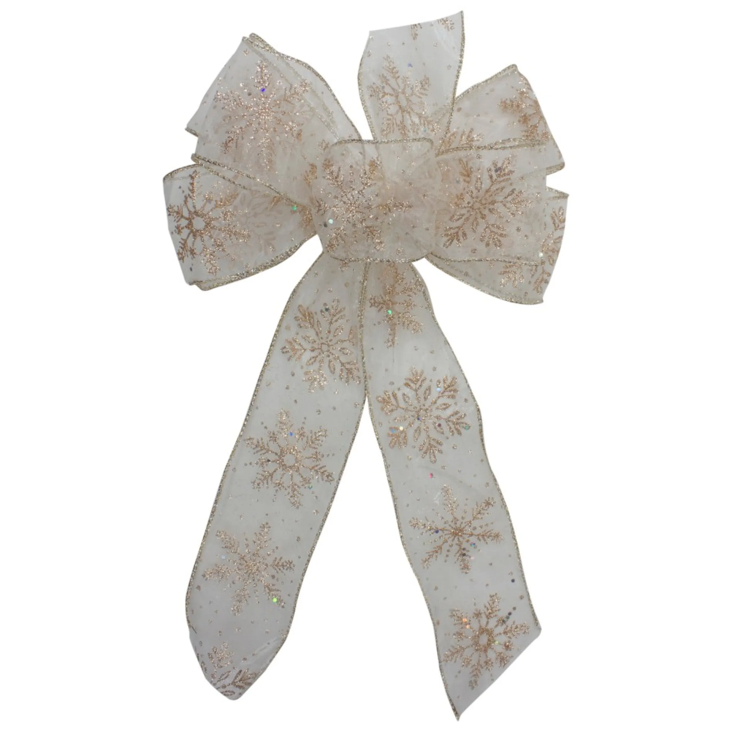 14" X 9" Sheer And Gold Snowflake 6 Loop Christmas Bow Decoration
