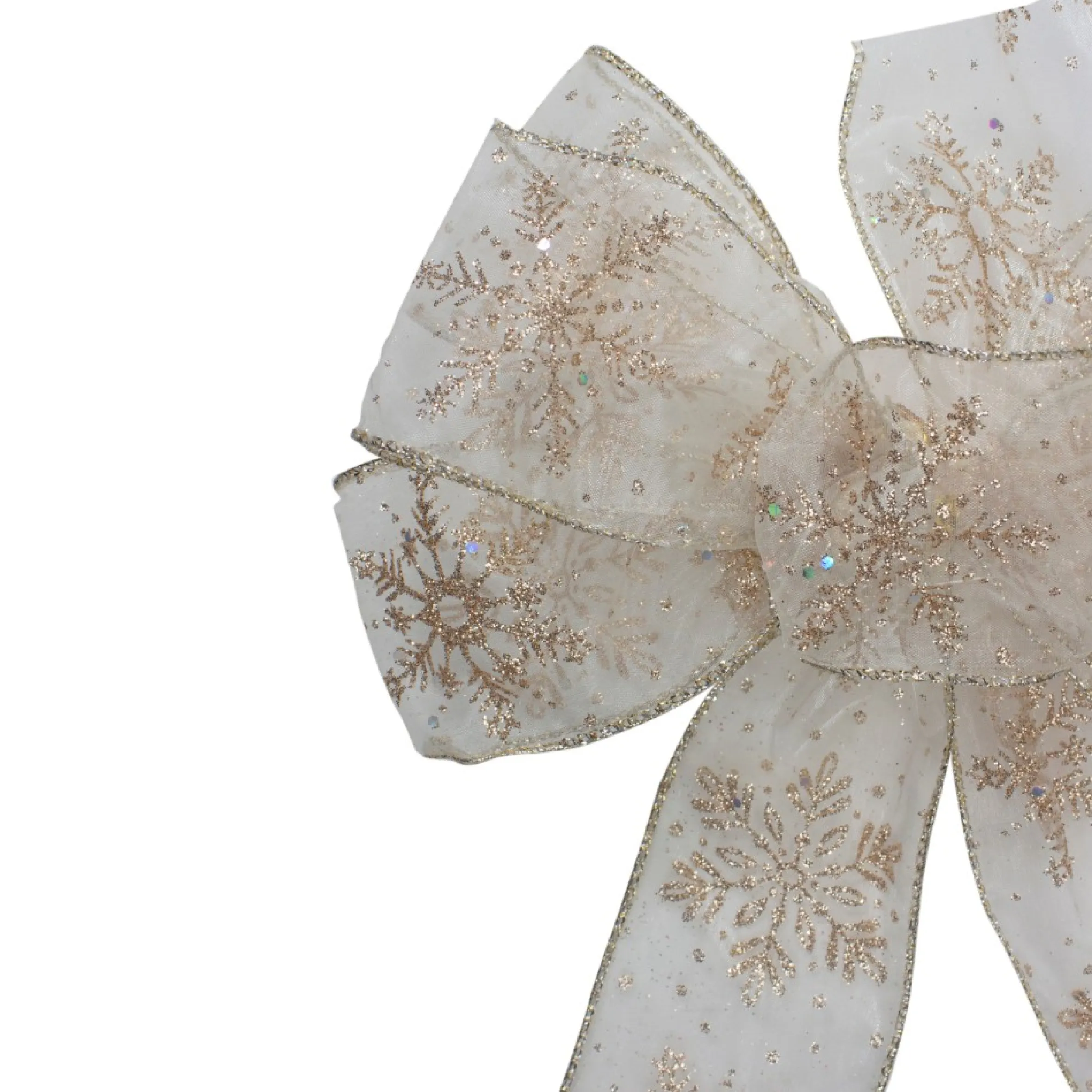 14" X 9" Sheer And Gold Snowflake 6 Loop Christmas Bow Decoration