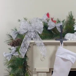 14" X 9" Sheer Silver Snowflake 6 Loop Christmas Bow Decoration