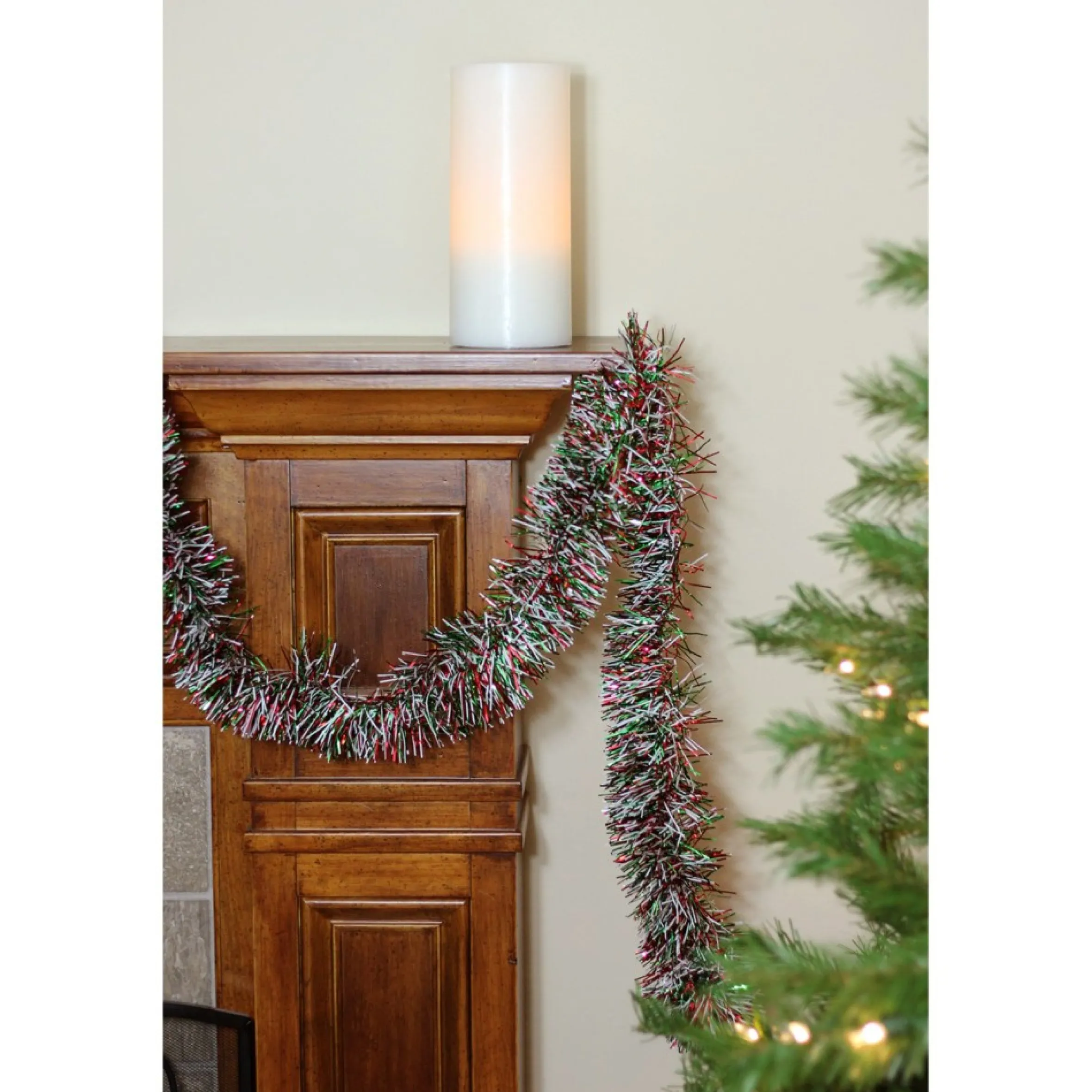 50' X 4" Shiny Silver, Red And Green Wide Cut Tinsel Christmas Garland - Unlit
