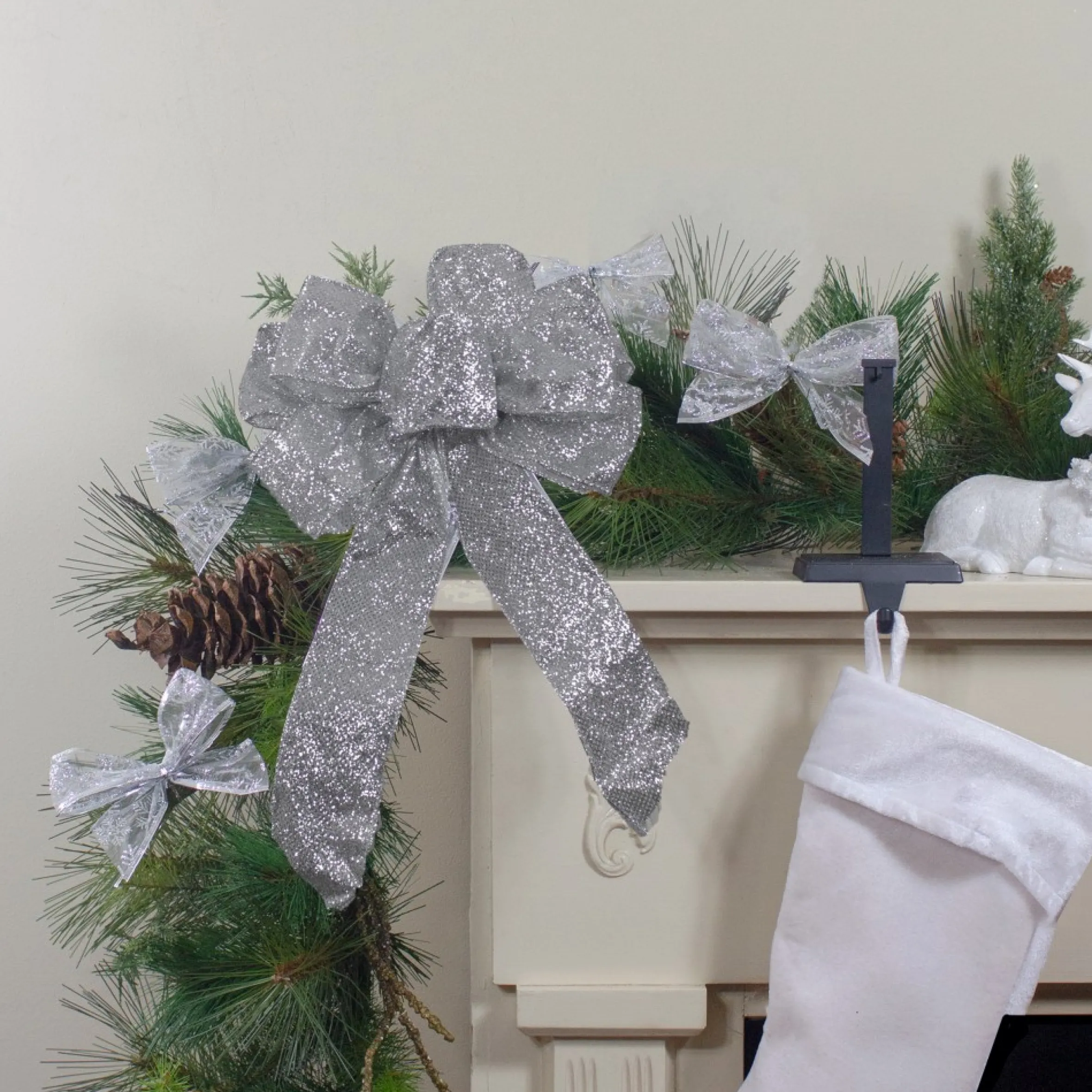 14" X 9" Silver Glittered 6 Loop Christmas Bow Decoration